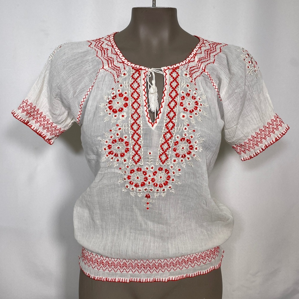 Joie Gauze Peasant Embroidered White Red Blouse Tassel Top Women's SMALL